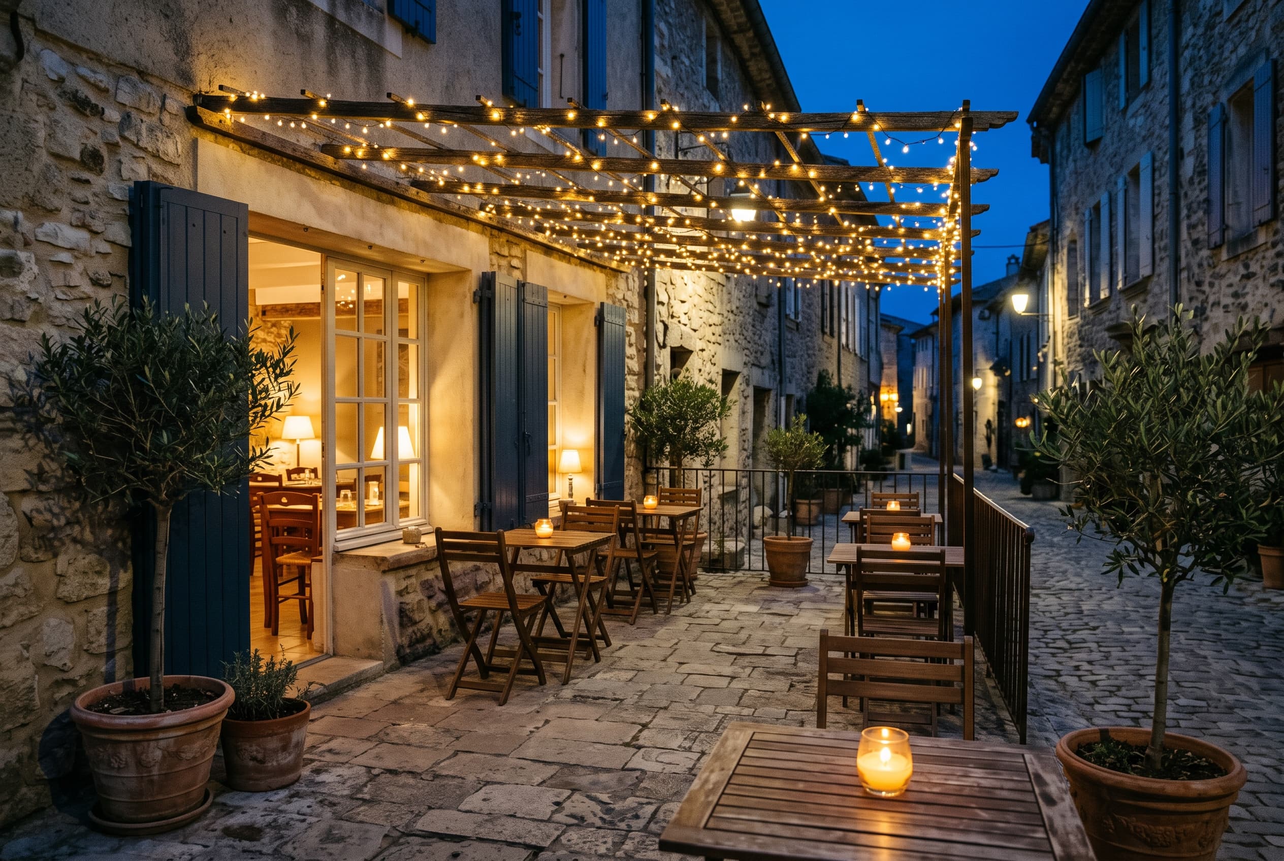 The terrace at dusk under a pergola of warm lights, olive trees and candlelit tables