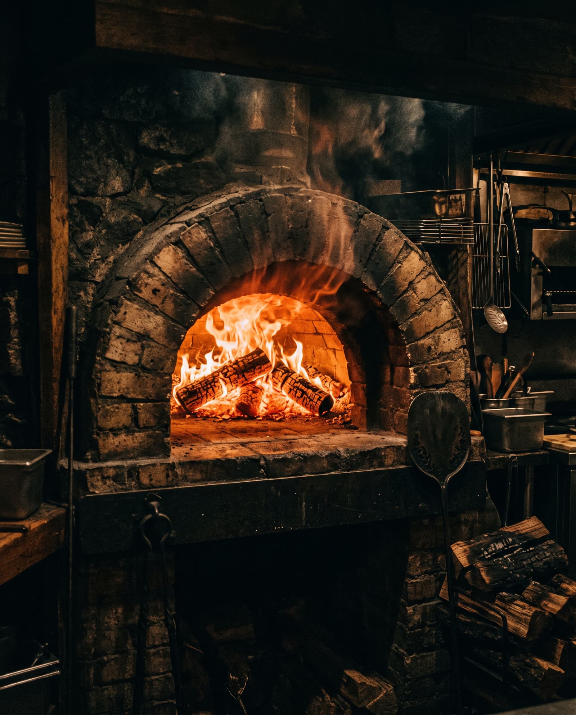 The hearth at L’Élite before service, embers glowing